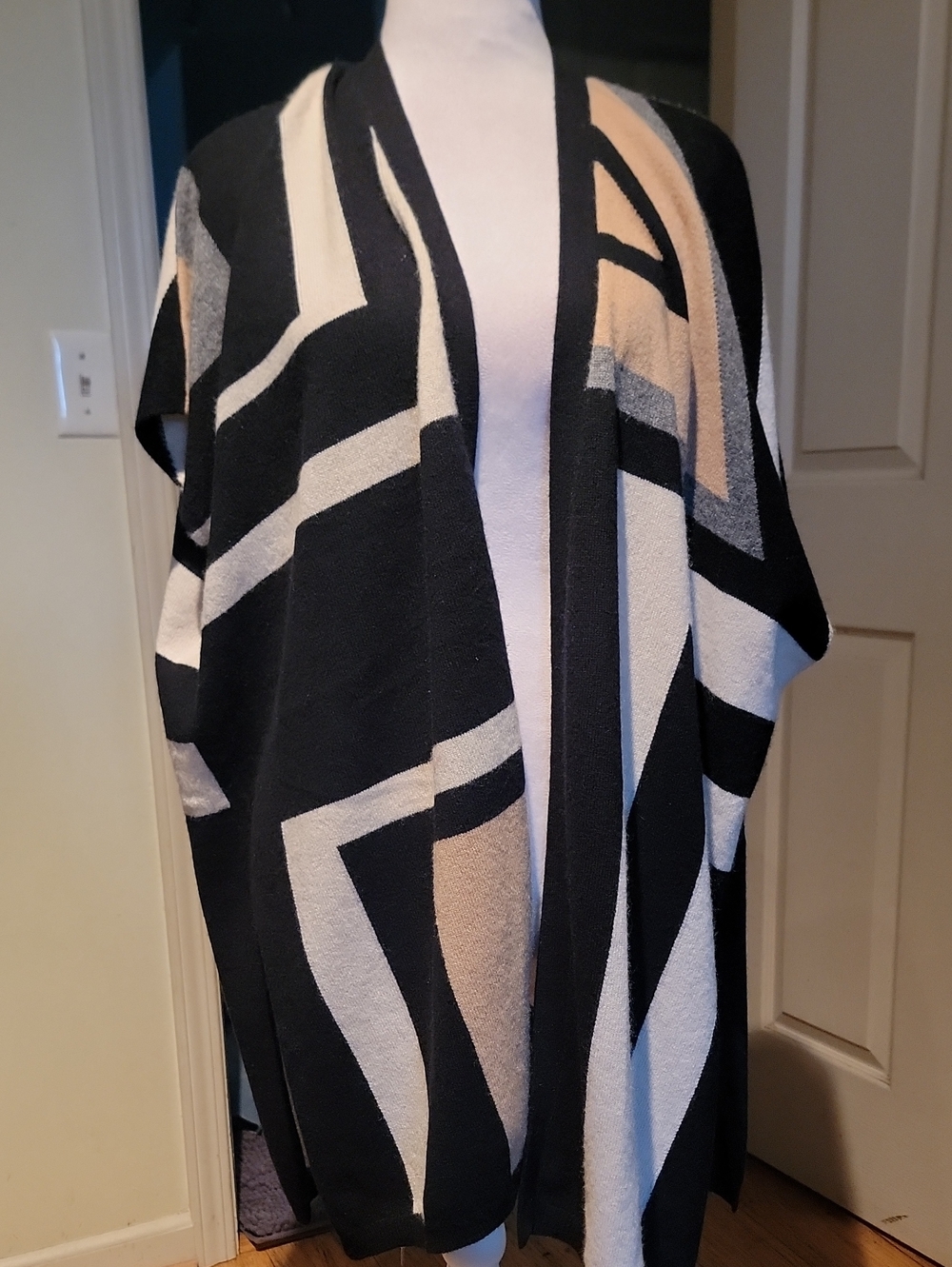 Neiman Marcus Black, Cream & Beige Geometric Open-Front Poncho